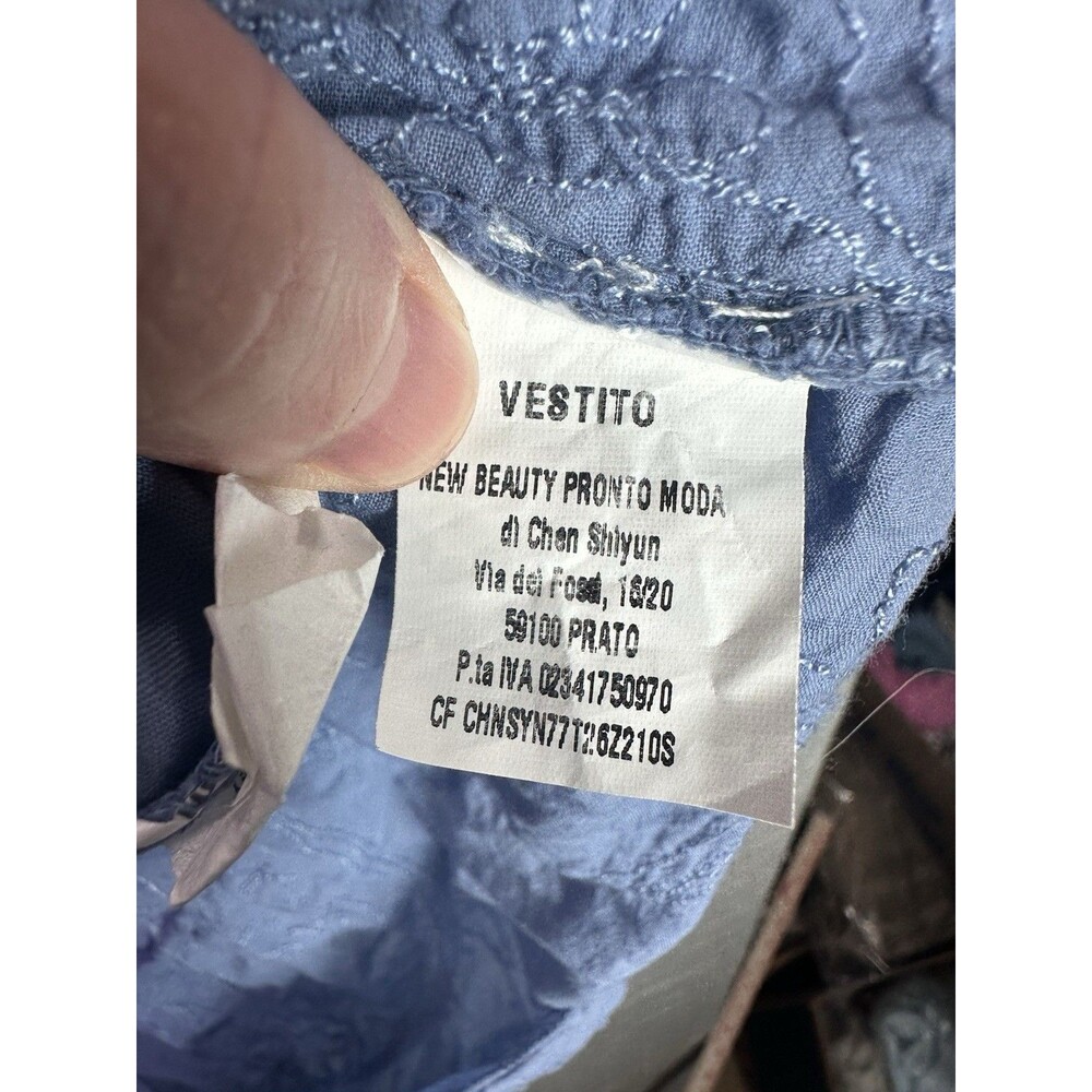 Made in Italy Blue Cotton Dress Embroidered Detail Swiss Dot Cottage Prairie Lg - Picture 8 of 9